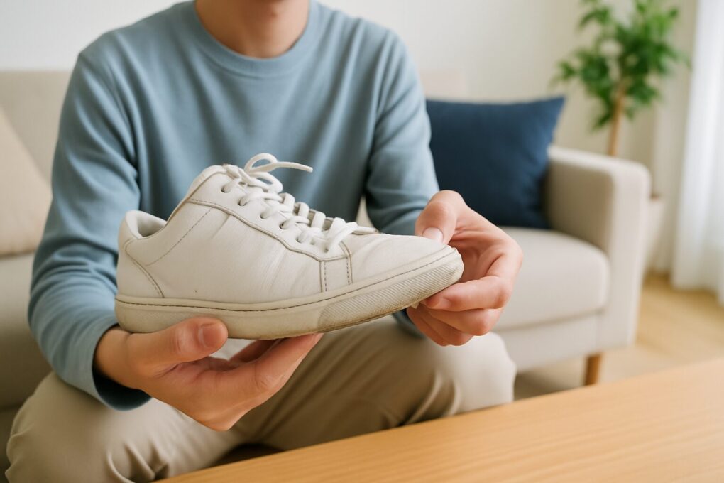「明るい室内で、日本人男性がスニーカーのかかとの減り具合を手に取りながら確認している様子。背景は清潔感のあるナチュラルな部屋で、捨てどき判断の雰囲気が伝わる構図。