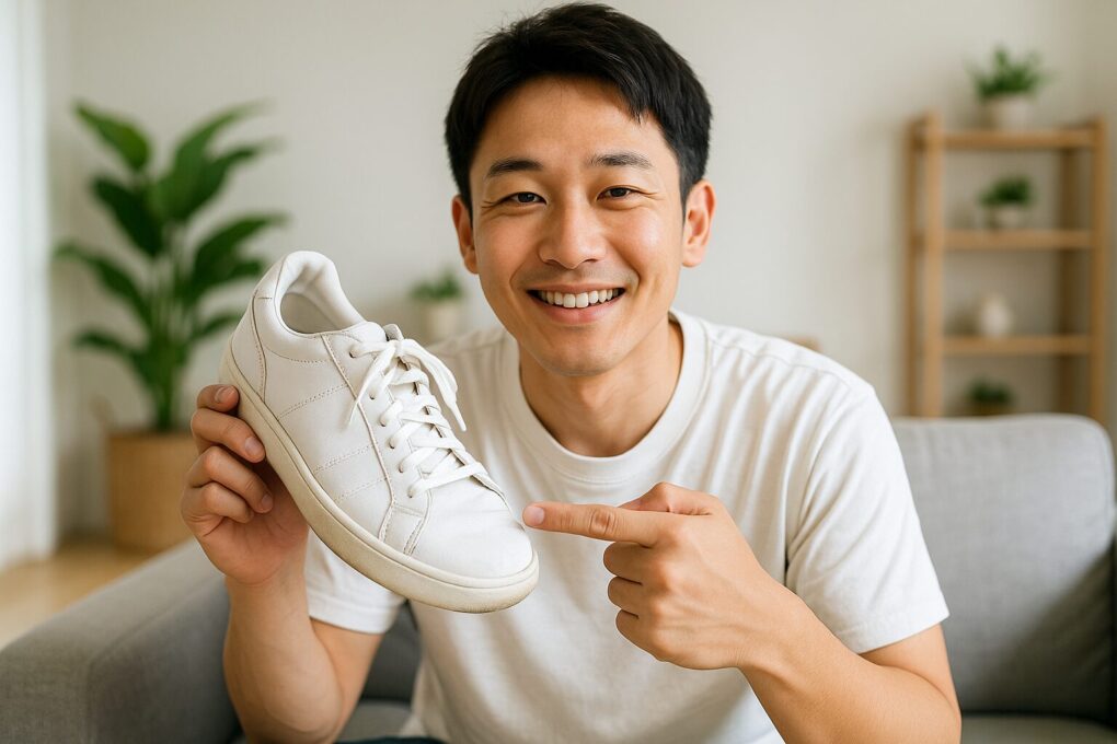 明るく清潔感のある室内で、日本人男性がスニーカーを手に取り、かかとの状態を確認している様子。背景には観葉植物や棚があり、スニーカーの捨てどきを総まとめするイメージが伝わる構図。