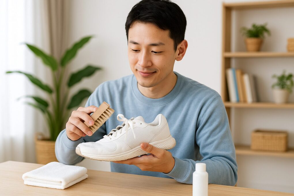 日本人男性が明るい室内で白いスニーカーをブラシで丁寧に手入れしている様子。テーブルにはタオルやケア用品が並び、清潔感のある空間でスニーカーを長持ちさせるための手入れを行っている場面。