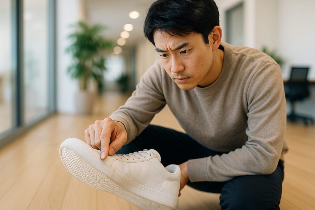 スニーカーのギュッギュッ音の原因を確認するため、オフィスの廊下で白いスニーカーの靴底をチェックしている日本人の男女いずれか一人の様子