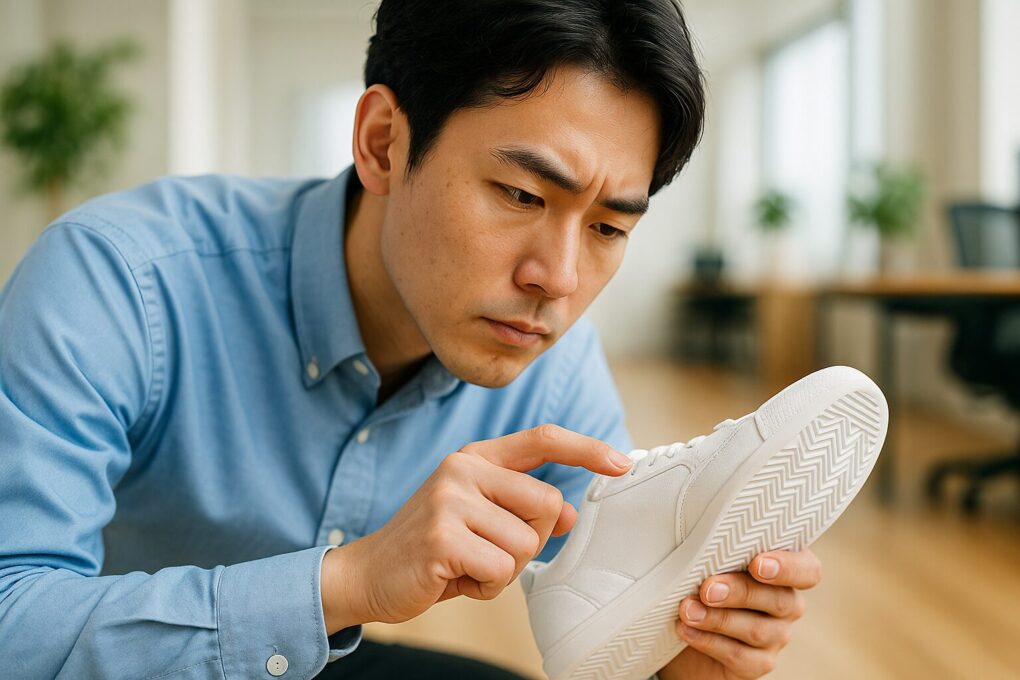静かなオフィスの廊下で、日本人の若い男性が白いスニーカーの靴底を屈み込んで指で押しながら確認している様子。明るいフローリングと観葉植物が背景にあり、全体的に清潔感のある雰囲気の写真。