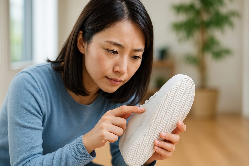 白いスニーカーのゴム底を屈んで指で確認している日本人の女性。屋内の明るい部屋で、靴底の摩擦によるキュッキュッ音の原因を調べている様子。