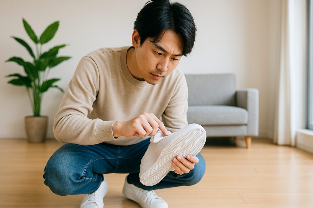 明るい室内で日本人男性が白いスニーカーの靴底を丁寧にチェックしながら手入れしている様子を写した写真。スニーカーのギュッギュッ音を解消する実践的なメンテナンス場面。