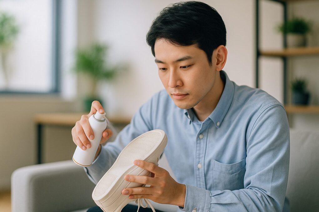 靴底のゴムによる摩擦音を軽減するため、若い日本人男性が室内でスニーカーの靴底を丁寧にメンテナンスしている様子を撮影した写真。