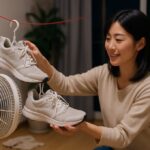 夜の室内で扇風機の風を当ててスニーカーを乾かしている日本人の若い女性。靴には新聞紙が詰められ、風通しの良い場所に置かれている様子が明るく清潔感のある雰囲気で表現されている。