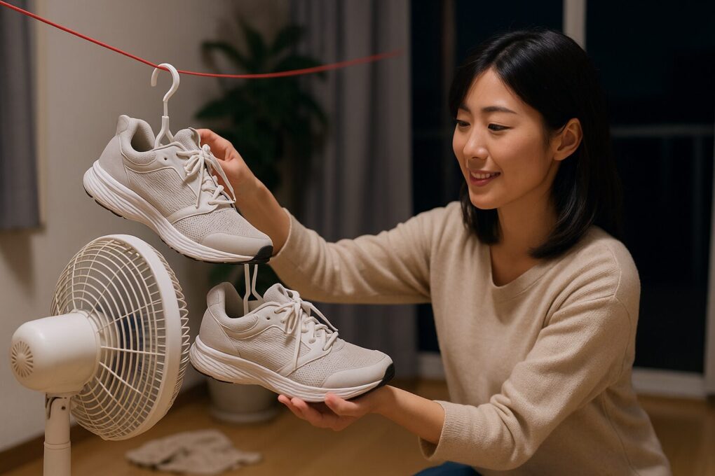 夜の室内で扇風機の風を当ててスニーカーを乾かしている日本人の若い女性。靴には新聞紙が詰められ、風通しの良い場所に置かれている様子が明るく清潔感のある雰囲気で表現されている。