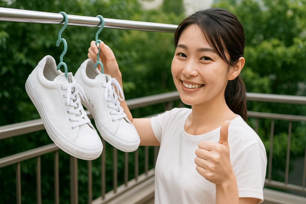 夜のベランダで日本人の若い女性が白いスニーカーをハンガーに掛けて干している様子。明るく清潔感のある雰囲気で、干し方に失敗しないための丁寧な作業が伝わる構図。