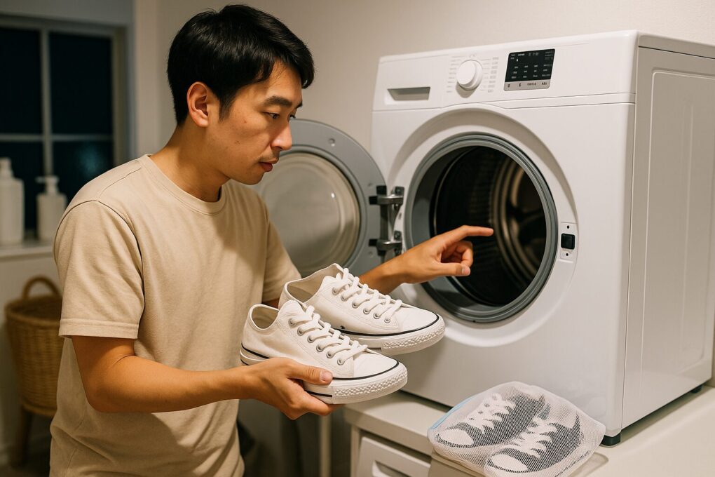 夜のランドリールームで日本人男性がスニーカーを乾燥機に入れる前に設定や洗濯ネットを確認している様子が分かる、乾燥機使用時の注意点をイメージした写真。