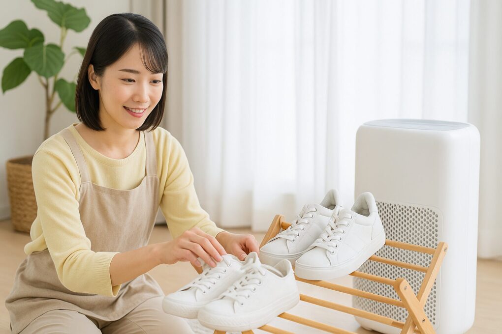 室内で日本人女性がスニーカーを乾燥ラックに並べ、横に置いた除湿機を使って湿気対策をしながら乾かしている様子の清潔感ある写真。
