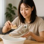 木製テーブルの上で白いボウルの水にスニーカーを浸しながら、若い日本人女性がブラシで丁寧にスニーカーを洗っている様子を写した、明るく清潔感のある16:9の横長写真