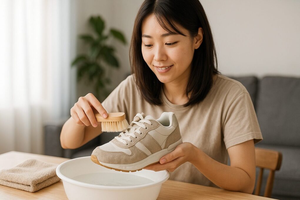 木製テーブルの上で白いボウルの水にスニーカーを浸しながら、若い日本人女性がブラシで丁寧にスニーカーを洗っている様子を写した、明るく清潔感のある16:9の横長写真