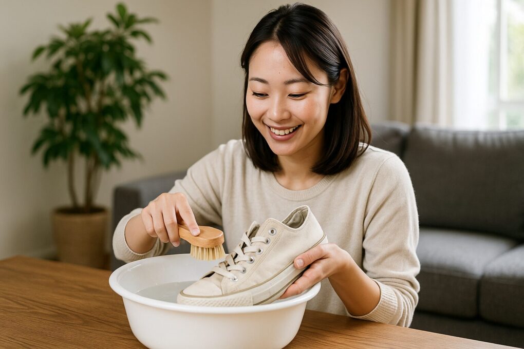 スニーカーの汚れ具合を見ながら、洗う頻度を判断している日本人女性が洗面台の前でスニーカーを持っている様子を写した横長の写真