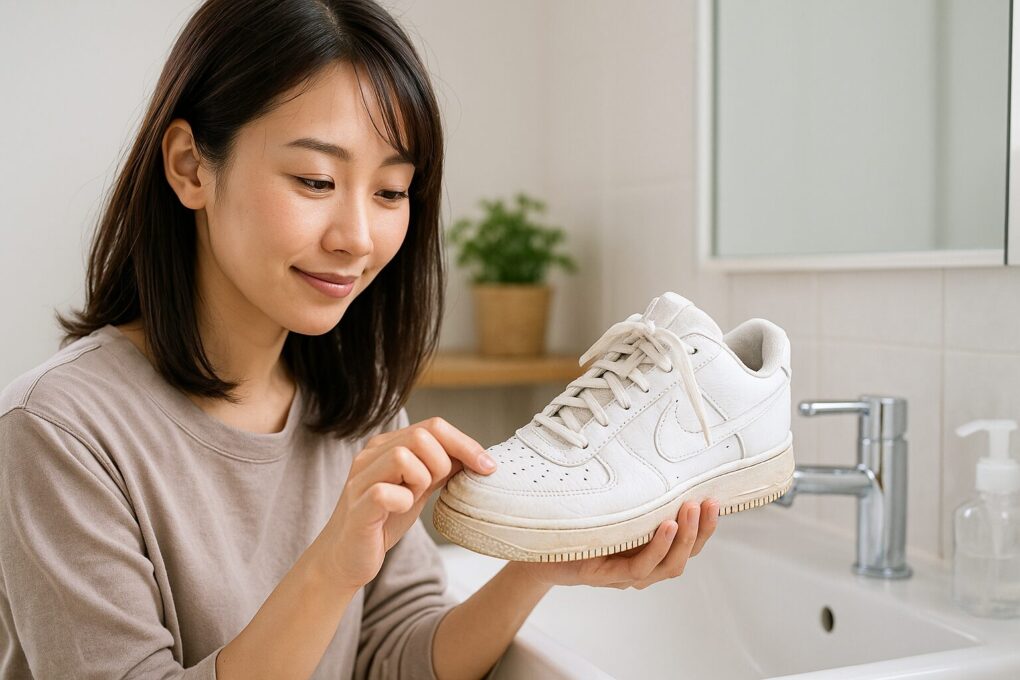 白いスニーカーの汚れを確認しながら、玄関先で手に持った靴を斜めからチェックしている日本人女性の写真。自然光が入る明るい空間で、スニーカーの側面の汚れ具合を丁寧に見ている様子がわかる。