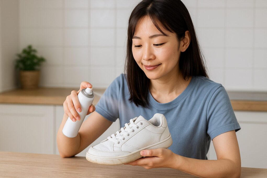 防水スプレーを使って白いスニーカー全体に均一に吹きかけている日本人女性が、屋外の明るい場所でスニーカーを丁寧に保護している様子を写した写真。自然光の中で清潔感のある雰囲気が伝わる構図。