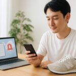 ニューバランスの抽選倍率と抽選結果の確認をイメージし、日本人男性がスマホで通知をチェックしつつ、ノートPCのカレンダー画面とスニーカーを前に検討している、明るく清潔感のある横長16:9の写真