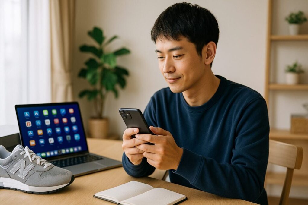 明るい室内で日本人男性がスマートフォンのアプリを操作し、机の上にはニューバランスのスニーカーとノートPCがある清潔感のある横長16:9の写真