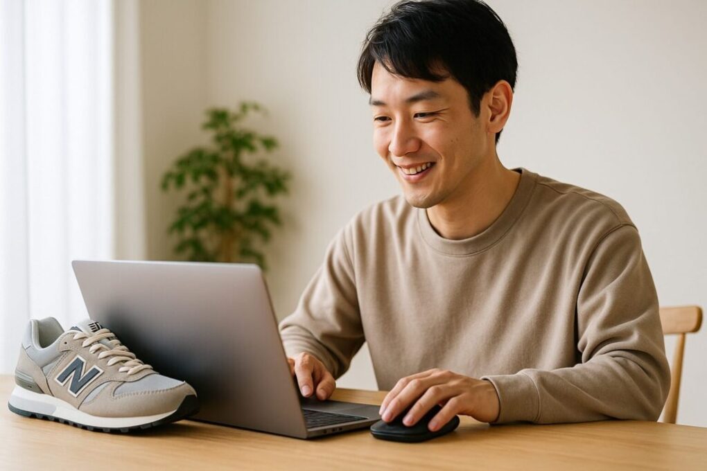 日本人男性が明るい部屋でノートパソコンを操作しながら、ニューバランスのスニーカーを横に置いて抽選結果を分析している清潔感のある横長16:9の写真