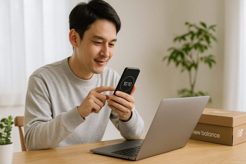 明るい室内で日本人男性がスマートフォンの時刻とメール通知を確認し、横に開いたノートPCとニューバランスの箱が置かれた横長16:9のリアルな写真