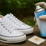 白いキャンバススニーカーに防水スプレーを吹きかけている様子を屋外で撮影した、清潔感のある16:9構図の写真。
