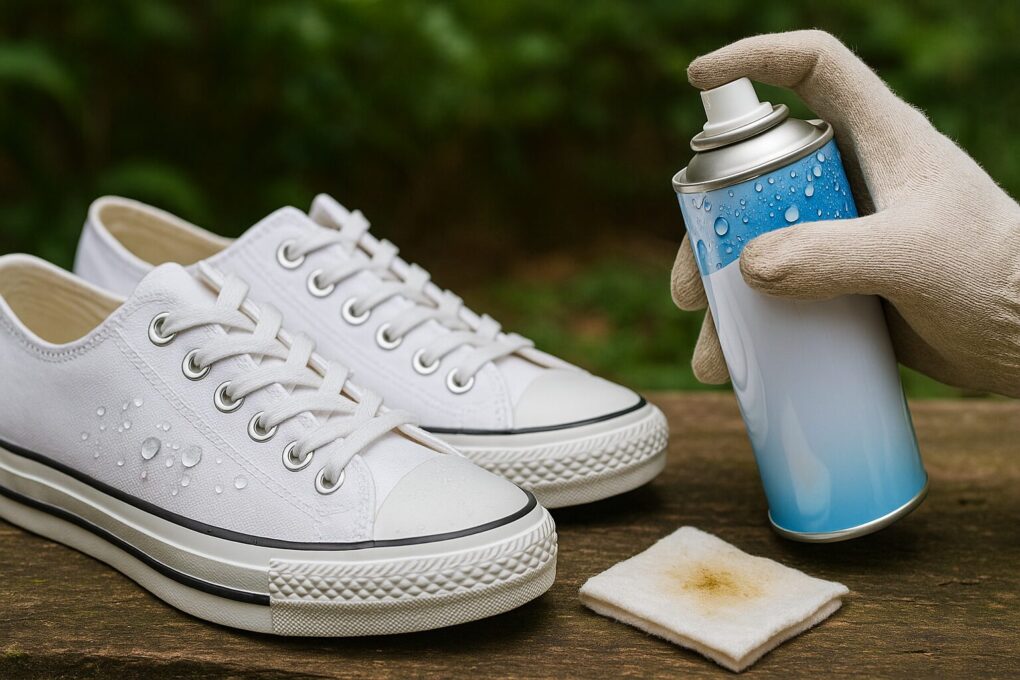 白いキャンバススニーカーに防水スプレーを吹きかけている様子を屋外で撮影した、清潔感のある16:9構図の写真。