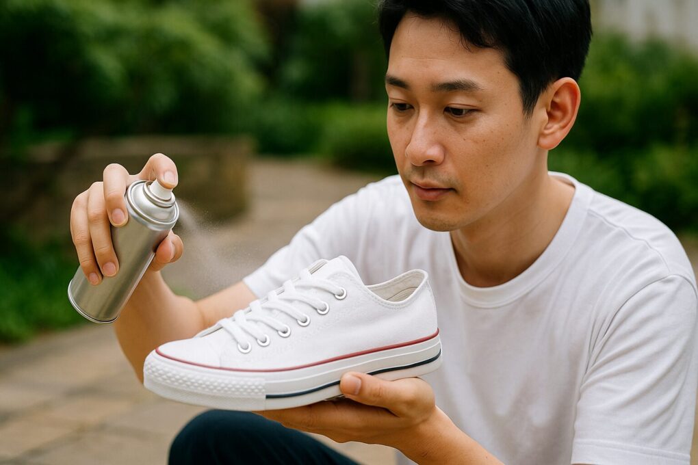 白いキャンバススニーカーに日本人男性が防水スプレーを吹きかけている様子を屋外で撮影した写真。