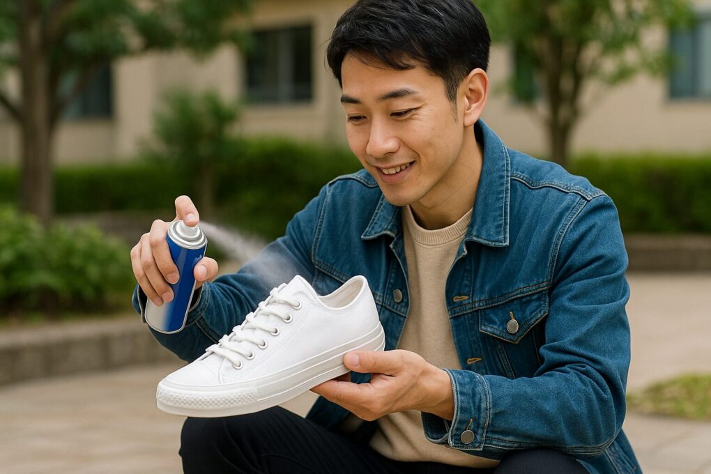 白いスニーカーに日本人男性が屋外で防水スプレーを丁寧に吹きかけている様子を撮影した明るく清潔感のある写真。