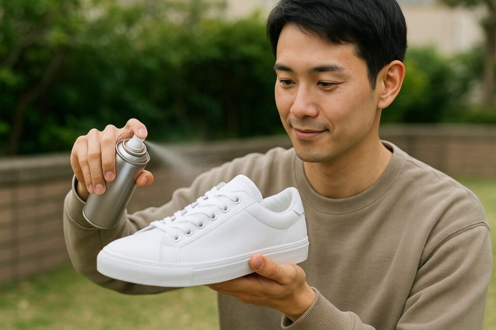 日本人男性が屋外で白いスニーカーに防水スプレーを丁寧に吹きかけ、変色を予防している様子を撮影した写真。
