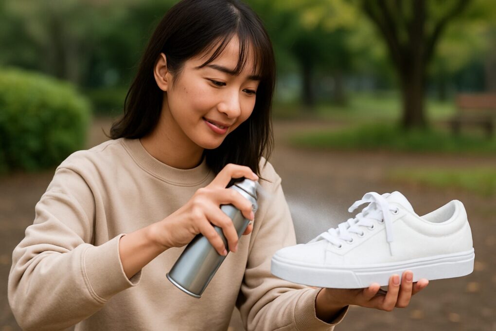 日本人女性が屋外の公園で白いスニーカーに防水スプレーを吹きかけ、変色を予防している様子を撮影した写真。