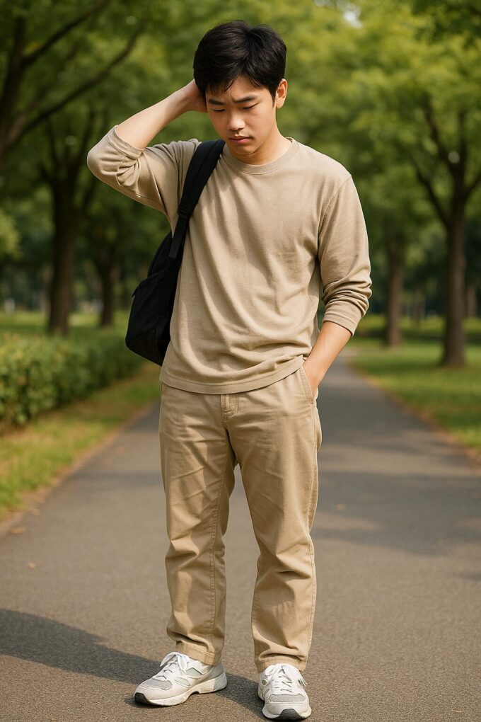 公園の並木道で、ベージュ系の服装をした日本人大学生が立ち止まり、スニーカーを見ながら悩んでいる様子を捉えた写真。