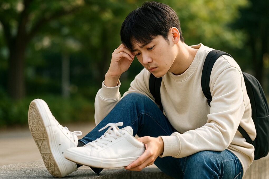 公園のベンチに座った日本人大学生が、手に持った白いスニーカーをじっと見つめながら悩んでいる様子を写した横長写真。背景には緑が広がり、全体が自然光で明るく柔らかい雰囲気に包まれている。