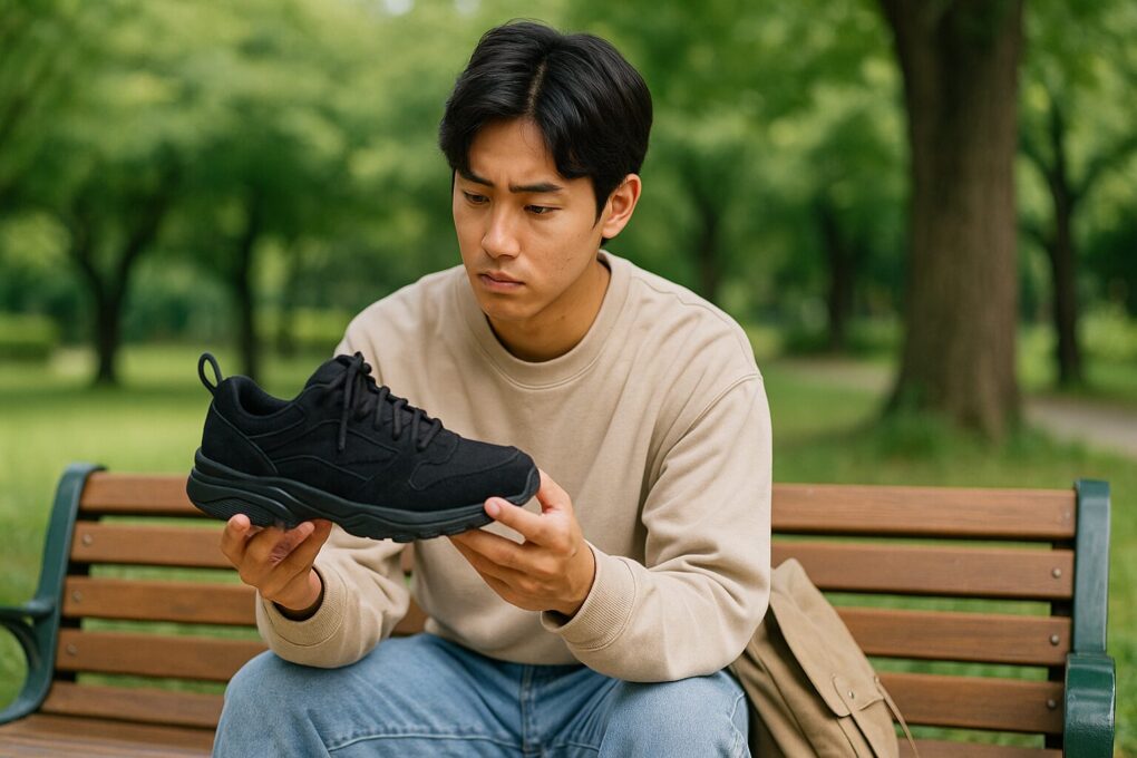 公園のベンチに座った日本人大学生が、黒いスニーカーを手に取り、真剣な表情で見つめながらコーデに悩んでいる様子を写した横長写真。