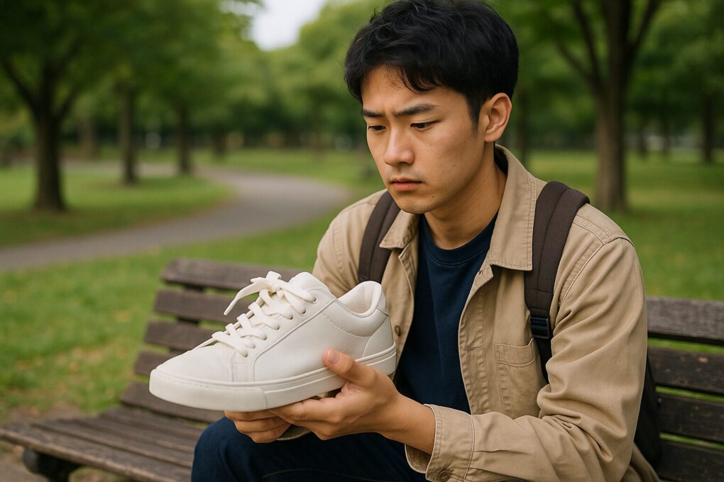 公園のベンチに座った日本人大学生が、手に持った白いスニーカーを見比べながら、どの靴を選ぶべきか悩んでいる様子を写した横長の写真。背景には緑の木々が広がり、自然光で明るく落ち着いた雰囲気。