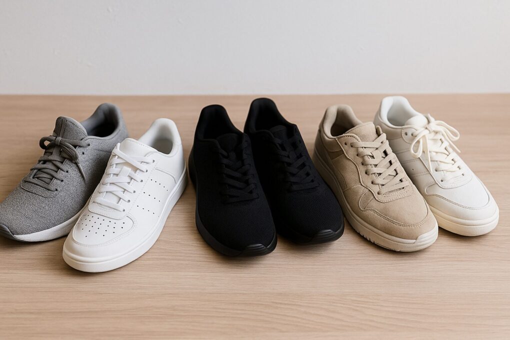 木製テーブルの上に、白・黒・グレーなど落ち着いた色合いのスニーカーが5足ほど並び、大学生が比較しながら選びやすいように整理された様子を写した横長の写真。背景は明るい室内で清潔感のある雰囲気。