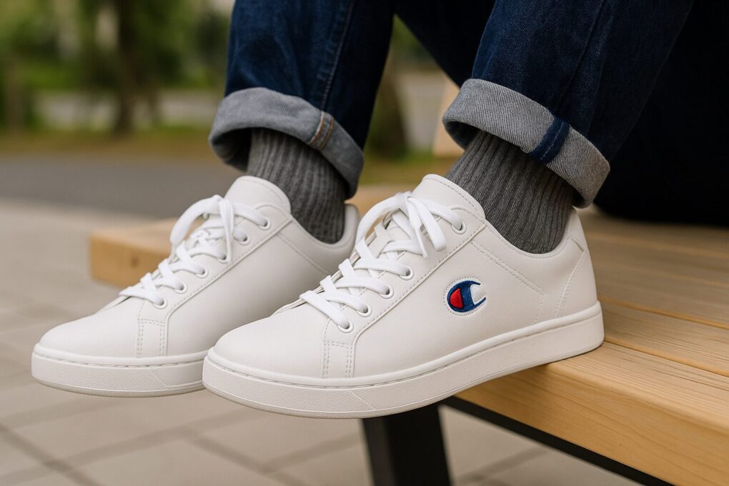 白のチャンピオンスニーカーを日本人がデニムとグレーの靴下に合わせて履き、屋外のベンチで足元を写した横長構図の写真。