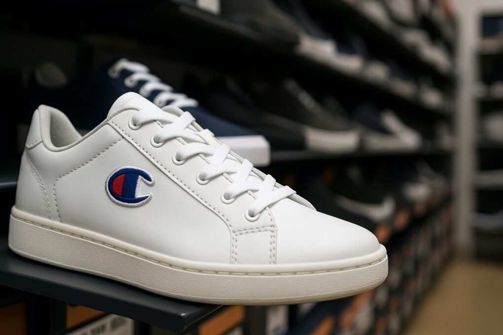 靴売り場の棚に並ぶ白いチャンピオンのスニーカーを接写した写真で、清潔感のある店内に他の靴もぼんやりと写っている構図。