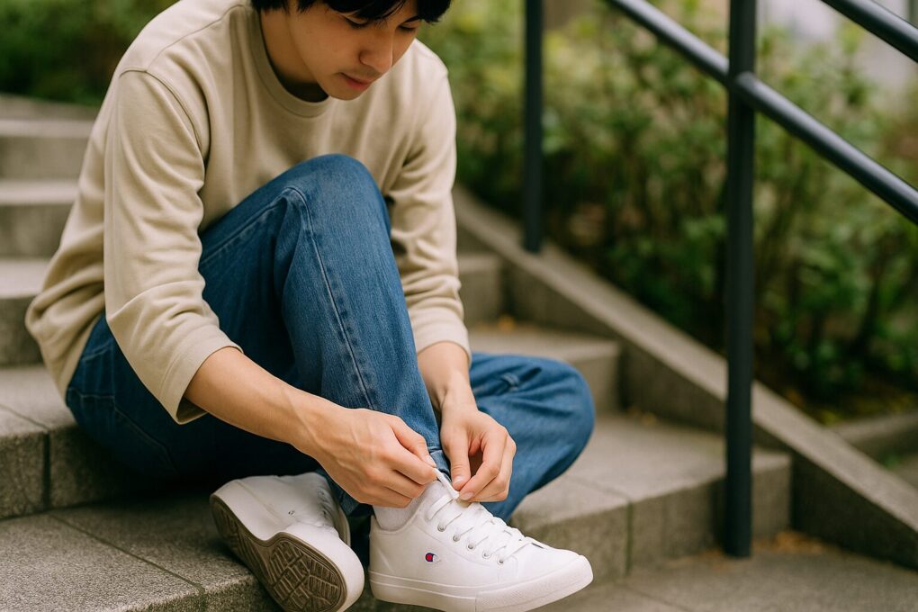 階段に座った日本人男性が白いスニーカーの靴紐を結んでいる様子を写した写真で、サイズ感や履き心地の印象が分かる自然光の屋外シーン。