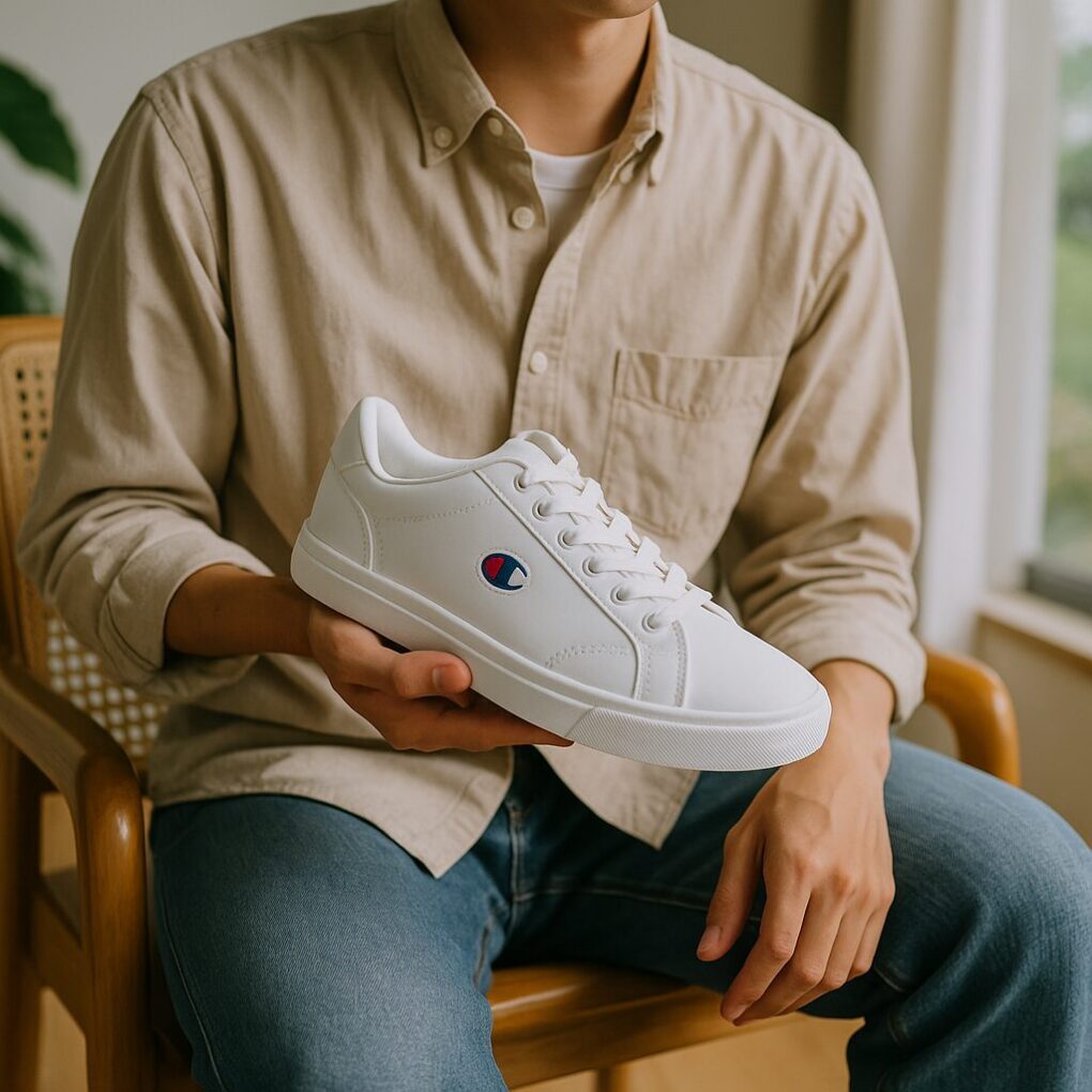 室内で日本人男性が白いチャンピオンスニーカーを手に持って選び方を検討している様子を写した横長の明るい写真。