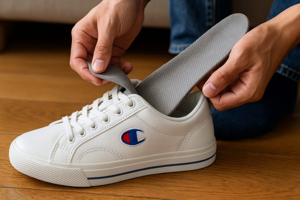 日本人の手が白いチャンピオンスニーカーにグレーのインソールを丁寧に差し込んでいる様子を写した横長の写真。