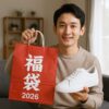 にゅスニーカー福袋を手にした日本人男性が白いスニーカーを見せながら笑顔で座っている様子を写した写真。