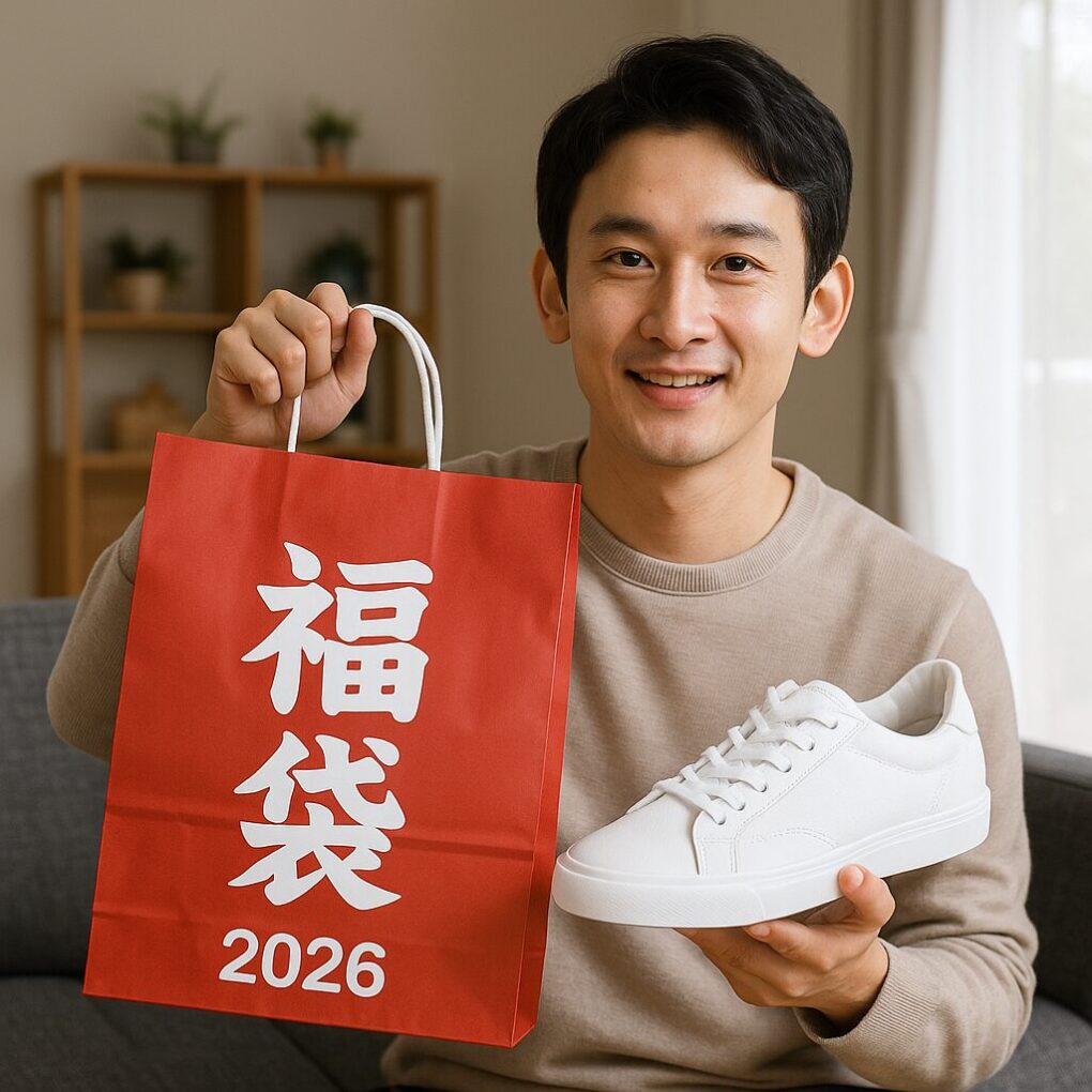 にゅスニーカー福袋を手にした日本人男性が白いスニーカーを見せながら笑顔で座っている様子を写した写真。
