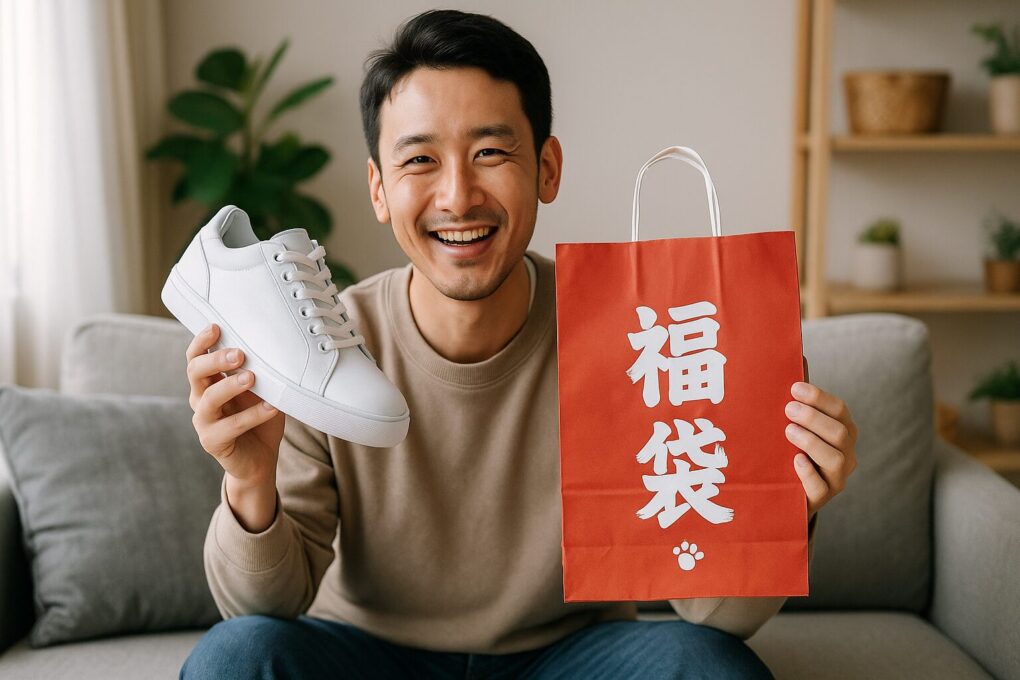 ソファに座った日本人男性が白いスニーカーと赤い福袋を手に持ち、明るい室内で笑顔を見せている様子。