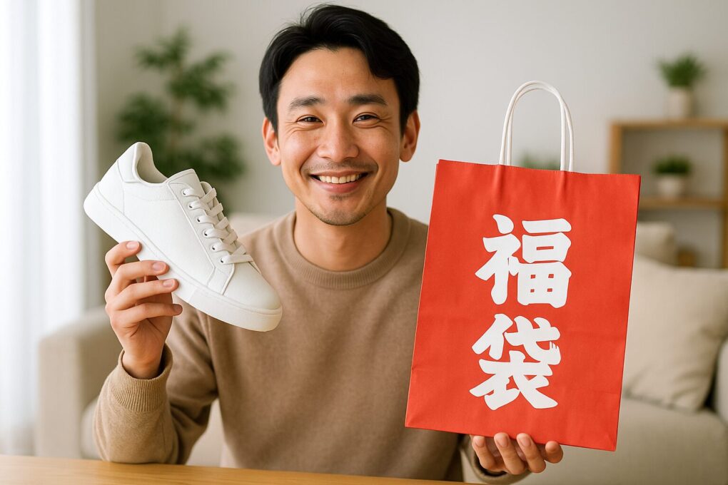 日本人男性が白いスニーカーと赤い福袋を手にし、明るい室内で笑顔を見せている様子。