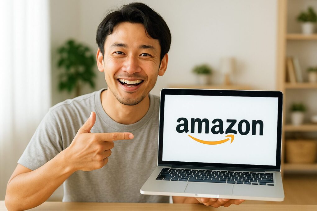 日本人男性がノートパソコンに表示されたAmazonのロゴを指差し、明るい室内で笑顔を見せている様子。