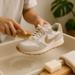 日本人の手が、ナイキの白いメッシュスニーカーをブラシで丁寧に洗っている様子。洗面器に泡立ったぬるま湯があり、清潔感のある明るい空間でケアしている場面。