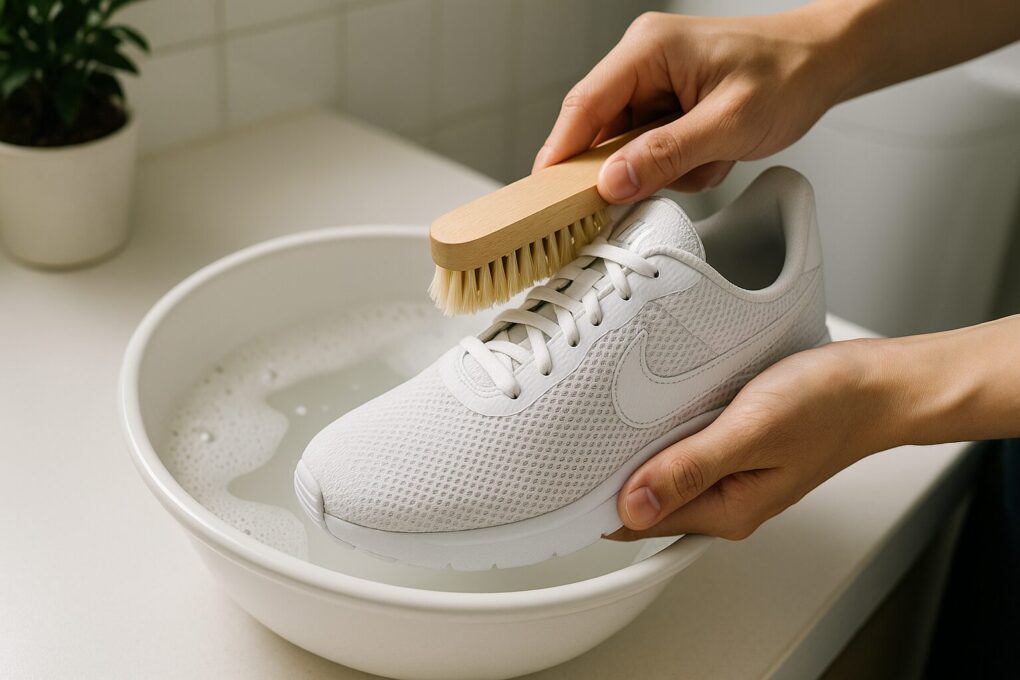 日本人の手が、白いナイキのメッシュスニーカーをぬるま湯とブラシでやさしく洗っている様子。清潔感のある明るい洗面台でのケアシーン。