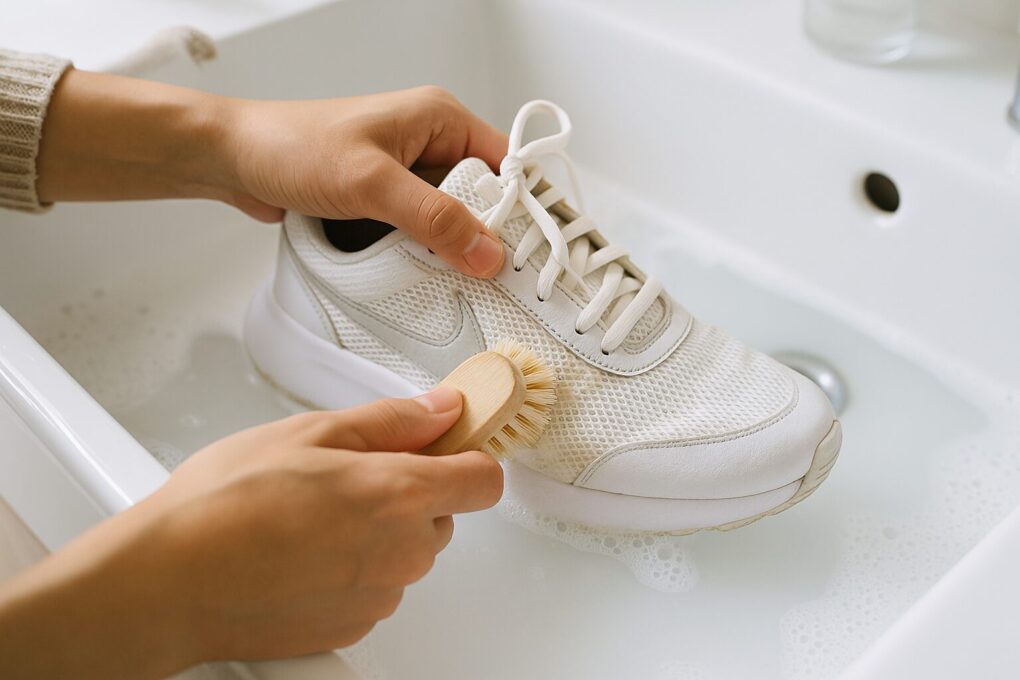 日本人の手が、白いナイキのメッシュスニーカーの黄ばみ部分をブラシでやさしくこすり洗いしている様子。泡立ったぬるま湯の入った洗面台で清潔にケアしているシーン。