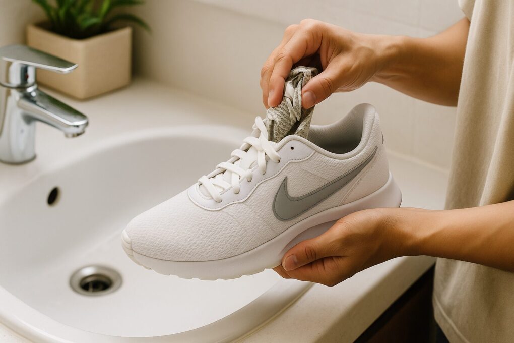 日本人の手が白いナイキのメッシュスニーカーに新聞紙を詰め、型崩れを防ぎながら乾燥させる準備をしている明るく清潔な洗面所の様子。