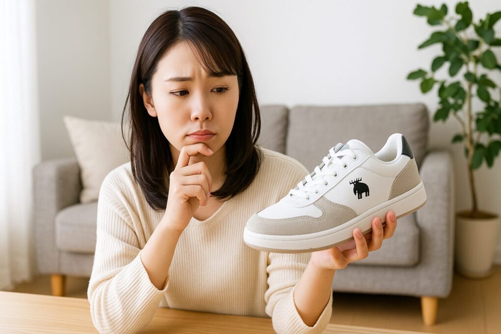 日差しの差し込む明るい室内で、日本人女性がmozスニーカーを手に取り、年齢に合ったデザインを選んでいる様子を自然に写した写真。