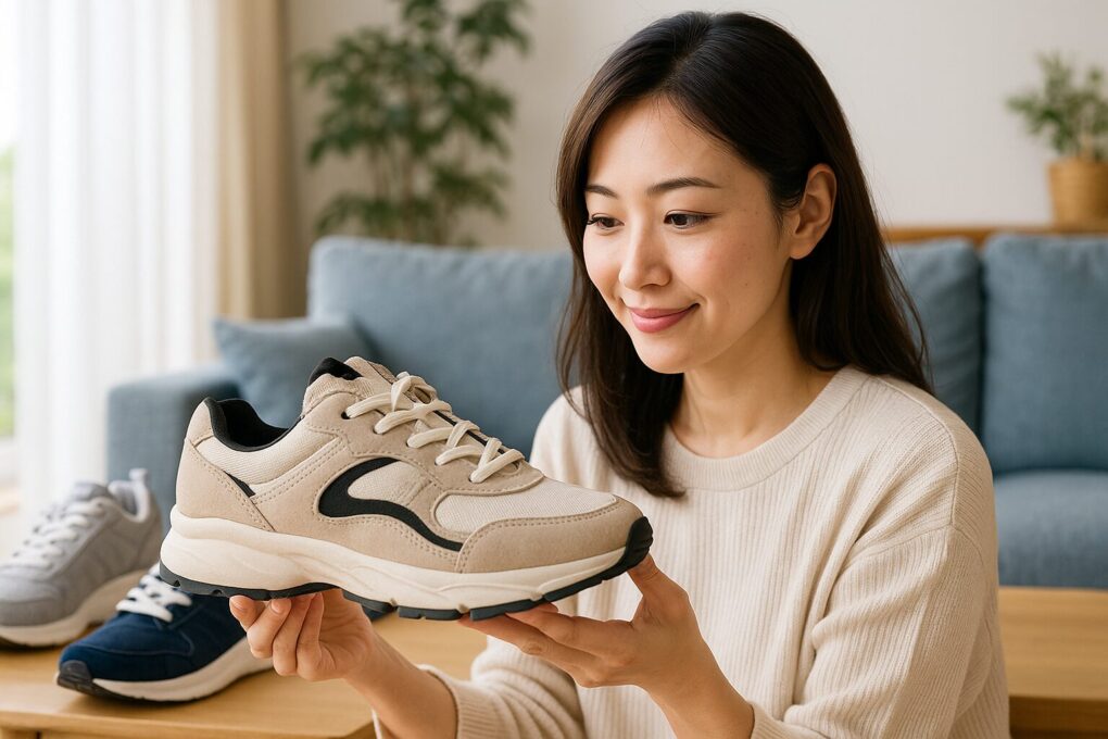 mozスニーカーを、日本人女性が手に取りながら年代ごとの特徴を比べている様子を明るい室内で写した写真。