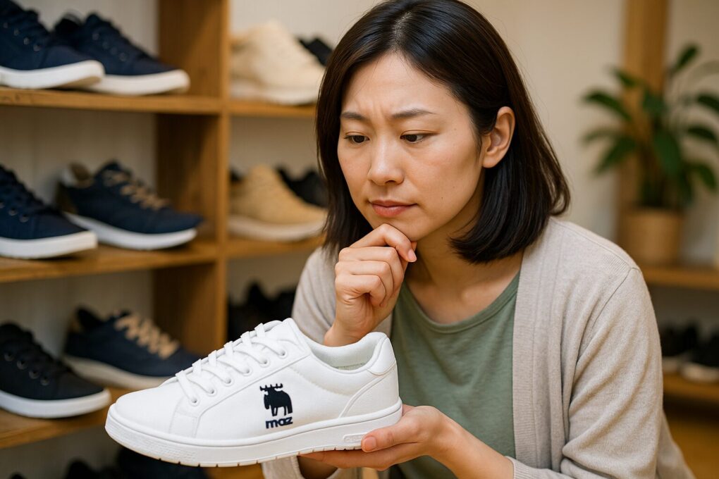 落ち着いた服装の日本人女性が、mozスニーカーを手に取り、軽さやクッション性を確認しながら選ぶ理由を実感している様子を写した写真。